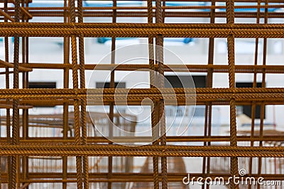 A view trough the steel reinforcement on construction site Stock Photo